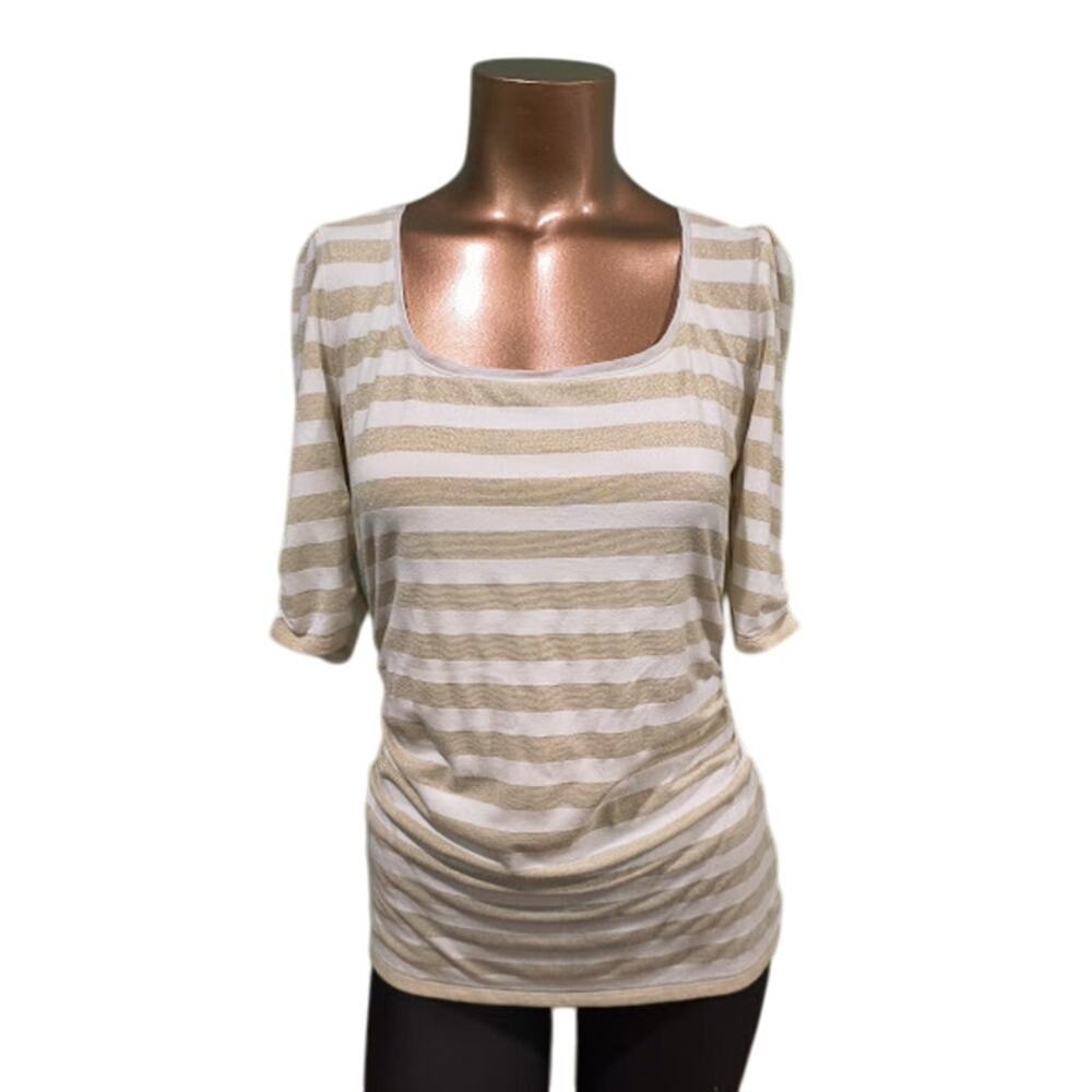 WHBM Striped Ruched  Elbow Sleeve Top - Beige & White - Size S‎
